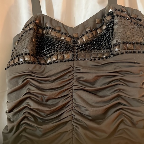 ARDEN B SizeMedium Army Green Ruched Spaghetti Strap Dress w/ heavily beaded top - Picture 2 of 5